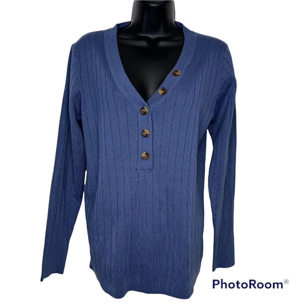 Fashion Knitted Sweater Long Sleeve V-neck Color Dark Blue  Women's SZ L (C9)